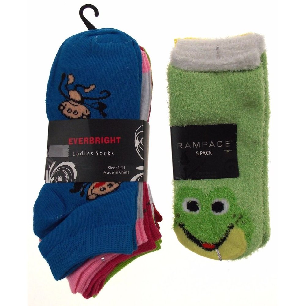 11 Pairs No Show Socks Women Rampage Everbright Size 4-10 Monkey Frog Green Blue